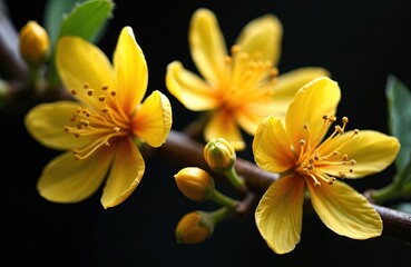 Fototapeta premium Bright yellow flowers bloom on a dark background. Several buds sit on a tree branch. Green leaves are visible. Springtime floral details are prominent.
