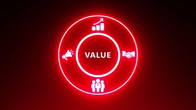 Neon Circle with Icons Representing Value Proposition and Business Success on a Dark Red Background finance