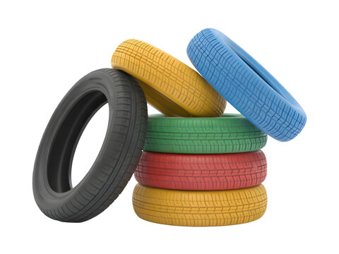 Stack of colorful heavy plastic tyres, tyres pile 