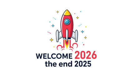 A vibrant cartoon rocket blasts off into a starry sky celebrating the arrival of the new year 2026 and the end of 2025