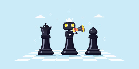 Robot chess piece with megaphone leading queen and bishop pieces