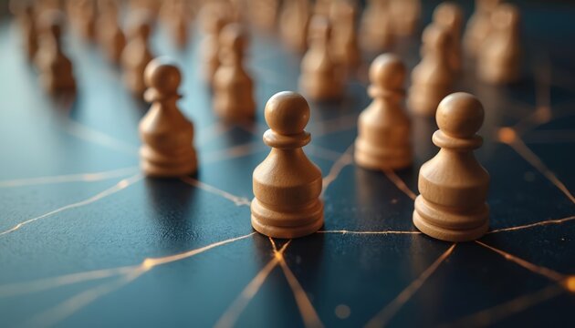 Wooden chess pawns arranged in lines on a dark board with glowing connections. Symbolizes strategy, organization, and data networks. Represents planning and teamwork in business.