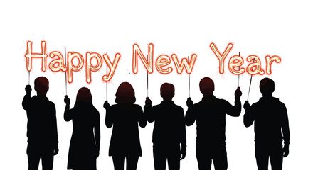 Silhouettes of people holding up glowing happy new year text against a white background