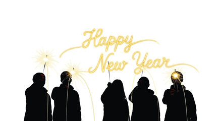 Silhouettes of people holding sparklers under a glowing happy new year text against a white background celebrating the festive occasion