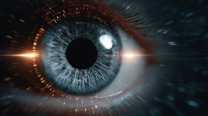 Intense close-up of a striking blue eye with dynamic light trails conveying vision, technology, and futuristic concepts in a visually captivating way