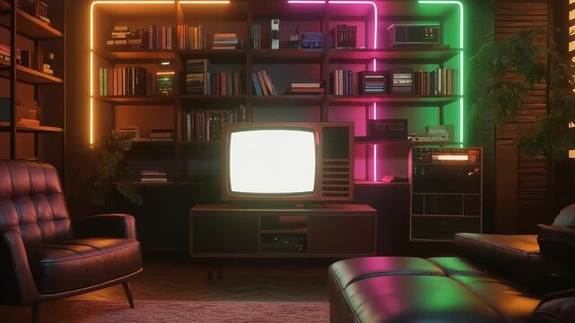 Retro Living Room with Neon Lights and Vintage TV.