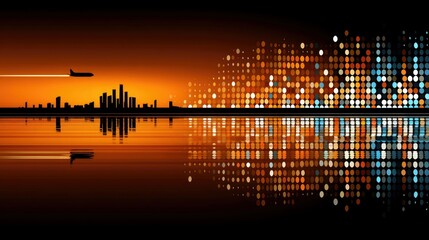 A silhouette of a city skyline with an airplane flying over it against a sunset sky, reflected in water, with a digital light pattern.