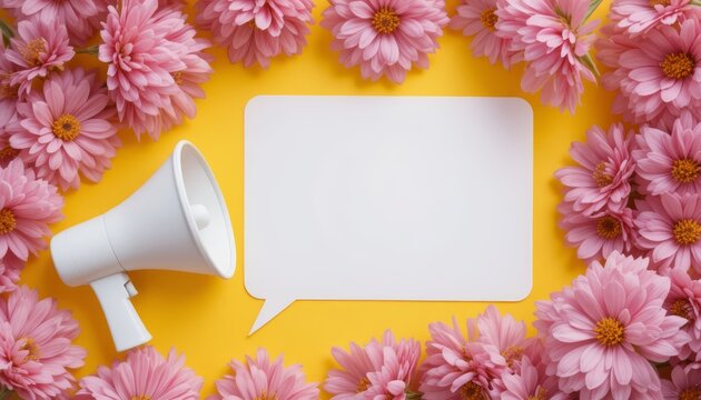 A white megaphone next to a blank speech bubble surrounded by pink daisies on a yellow background. Ideal for communication or marketing themes.