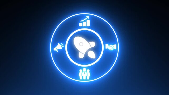 Neon circle with rocket icon for startup business concept on dark blue background image photo