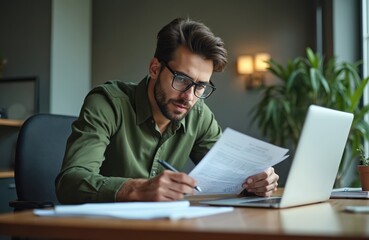 Focused man wears glasses reviews document with pen in hand. He sits at a wooden desk with laptop, works on financial report. Office interior provides calm workspace atmosphere.