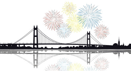 Vibrant fireworks illuminate the silhouette of a suspension bridge and city skyline with reflections on the water below