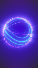 Vibrant glowing energy sphere with blue and pink light trails, radiating waves on purple background