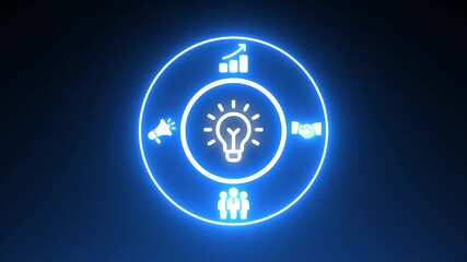 Glowing Blue Circle With Business Icons And Lightbulb Symbol In Center On Dark Blue Background strategy