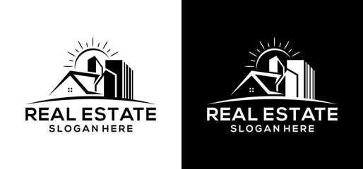 Modern real estate logo vector design. Illustration of a house building design with an abstract sun.