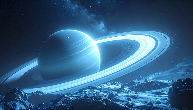 A planet with rings, viewed from a rocky surface under a starry, blue-toned sky in a space landscape