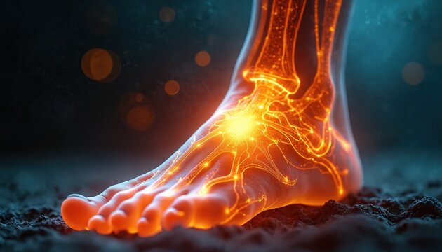 Glowing orange nerve network in human foot illustrates pain sensation. Close up on ankle and toes shows neural pathways transmitting signals, depicting neuropathy or nerve damage. Medical concept.