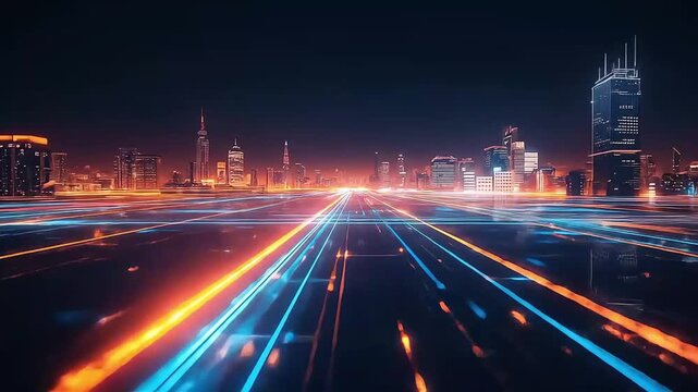 Vibrant nightly skyline glows as neonlight trails streak toward the horizon above a sleek runway scene