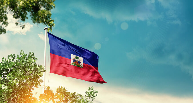 Haiti national flag waving in the sky behind the tree. The flag blowing with beautiful sunlight. Haitinational flag for independence day.