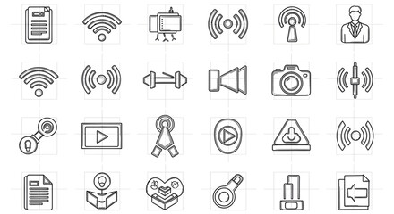 Fototapeta premium Streamlined collection of digital technology and communication line icons. This versatile set features symbols for connectivity, media, data, and web services, ideal for modern interface design