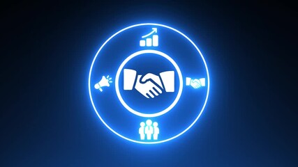 Neon Blue Circle With Business Icons Megaphone Growth Chart Handshake and People marketing strategy