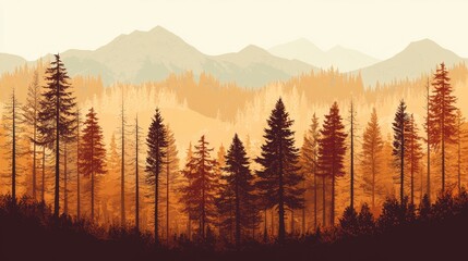 Obraz premium Beautiful autumn forest landscape with mountains in the background during sunset