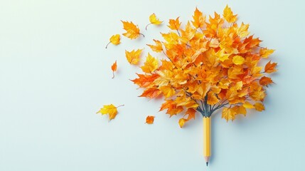 Colorful autumn leaves arranged around a yellow pencil on a light background in a creative display of art and nature