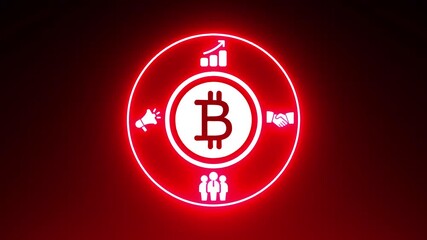 Neon Red Circle with Bitcoin Symbol, Growth Chart, Megaphone, Handshake, and People Icons on Dark Red Background
