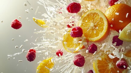Fresh fruits and coconut flakes create a colorful explosion in a bright kitchen setting