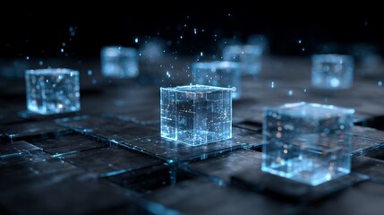 Modern holographic cubes floating with digital particles showcase futuristic technology, innovation, and cyber security concepts for business use