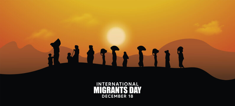 Silhouette People Walking With Sunset Theme For International Migrants Day Poster