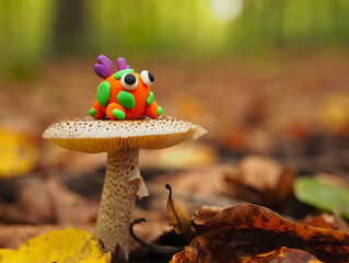 A whimsical and tiny, colorful clay monster sits playfully on top of a mushroom in a forest.