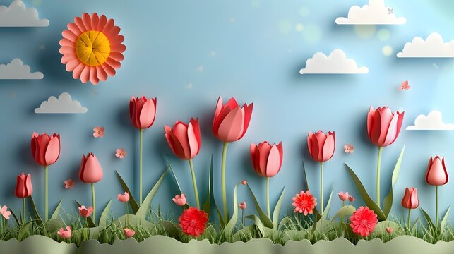 Spring Sale Header Template Featuring Vibrant Tulips and Playful Paper Cut Clouds Against a Sunny Blue Sky