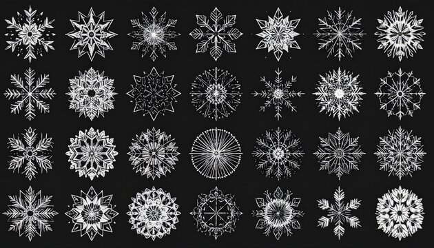 Assorted snowflakes on black. Delicate, unique patterns