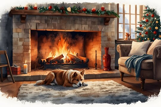 Pets lounging next to a crackling fire