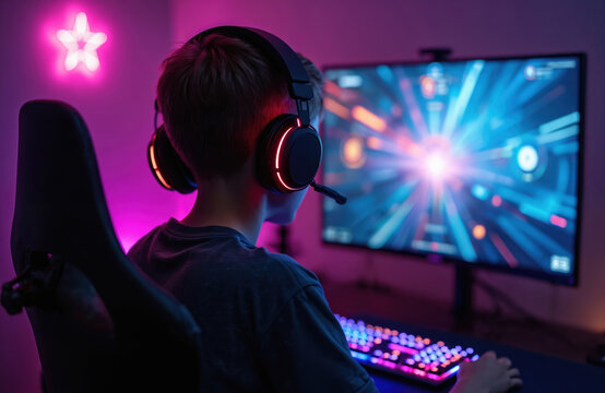 Teenager plays video games at night using headphones and a glowing keyboard in a dark room. Child focuses intently on computer screen, immersed in virtual world. Enjoying digital entertainment.