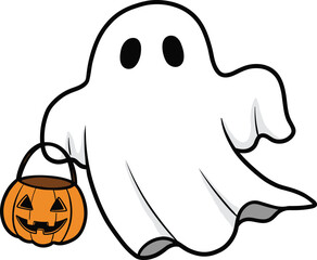 Classic Cartoon Ghost Character with Jack-o'-Lantern Candy Bucket, Ready for Trick-or-Treating, Simple and Spooky Halloween Holiday Vector Illustration