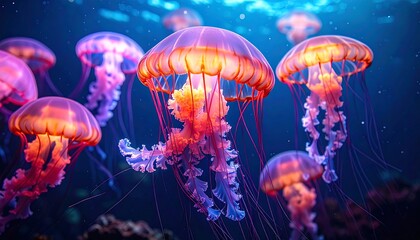 Close-up of glowing jellyfish floating in deep, dark ocean water