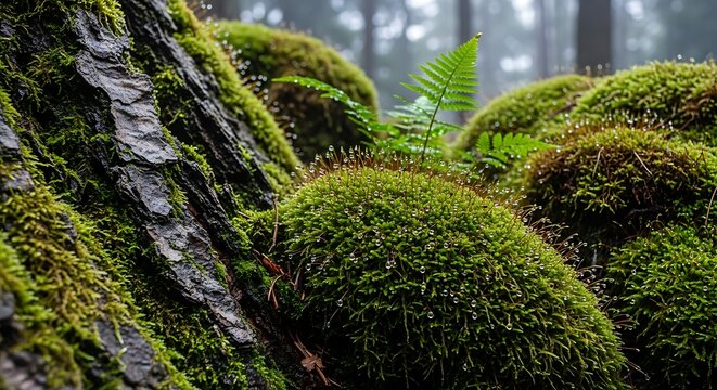 Lush Moss and Ferns Thriving on a Tree Trunk in a Forest. - Powered by Adobe