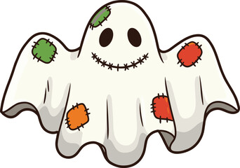 Cute Cartoon Ghost Illustration: Friendly White Spirit Character with Colorful Patches, Stitched Smile, Ideal for Halloween Decoration and Kids' Designs
