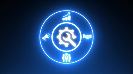 Neon Blue Circle With Gear, Megaphone, People, Graph, and Handshake Icons Symbolizing Operations and Business Development