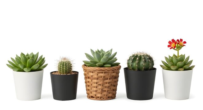 Collection of potted succulents and cactus isolated on white background for home decor