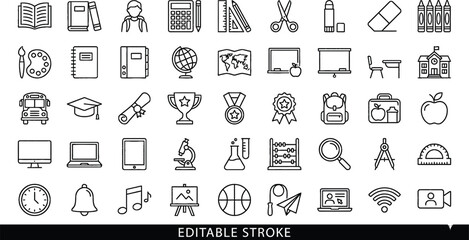School Education Icons Set,Classroom Supplies Line Icons,Outline Education Icons Collection.