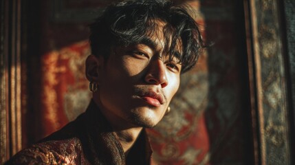 Asian young man in retro clothing poses confidently against a vibrant, textured backdrop, capturing a unique blend of modern style and vintage aesthetics