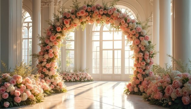 Ornate floral archway with pink roses and white hydrangeas inside a grand palace. Sunlight streams through large windows, creating a romantic, elegant atmosphere for a wedding ceremony or event. - Powered by Adobe