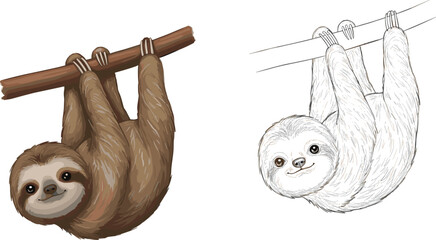 Sloth Hanging from Branch: Realistic Color Illustration Alongside Line Art Sketch, Slow Tropical Animal, Wildlife Coloring Page, and Educational Vector Graphic © Nupoor's World