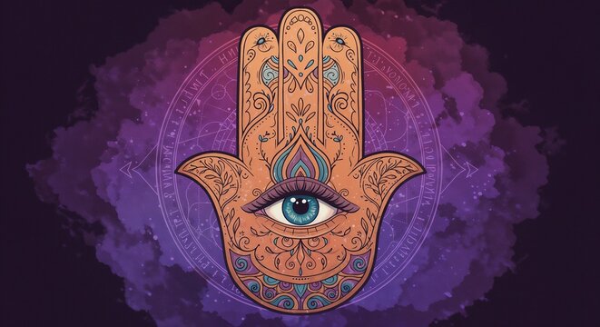 Decorative hamsa hand with eye symbol on colorful background  