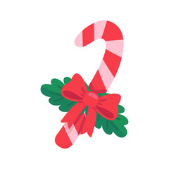 Festive Candy Cane with Red Bow and Green Holly Leaves Illustration