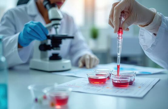Scientists in lab coats work with microscope and pipette transferring red liquid into small containers for medical research and analysis. Another researcher examines specimen slide.