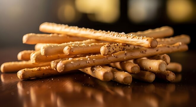 Pile of Sesame Breadsticks on Wooden Surface Closeup Food Photography
