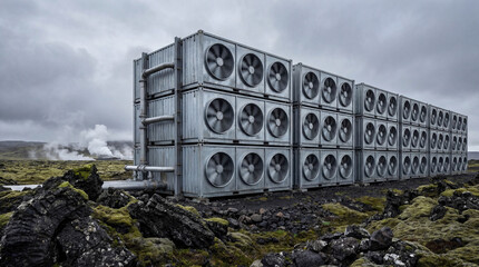 A futuristic direct air capture facility with large industrial fans for removing carbon dioxide from the atmosphere in a rugged volcanic landscape